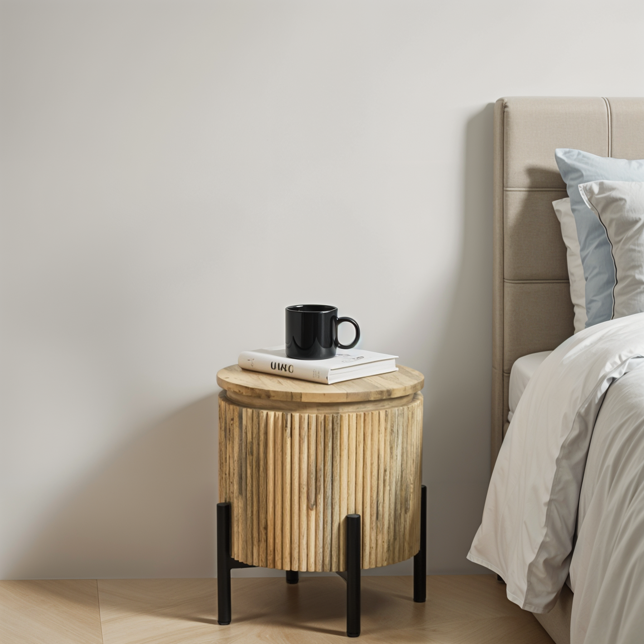Solid Wood Bedside Table with Metal Frame