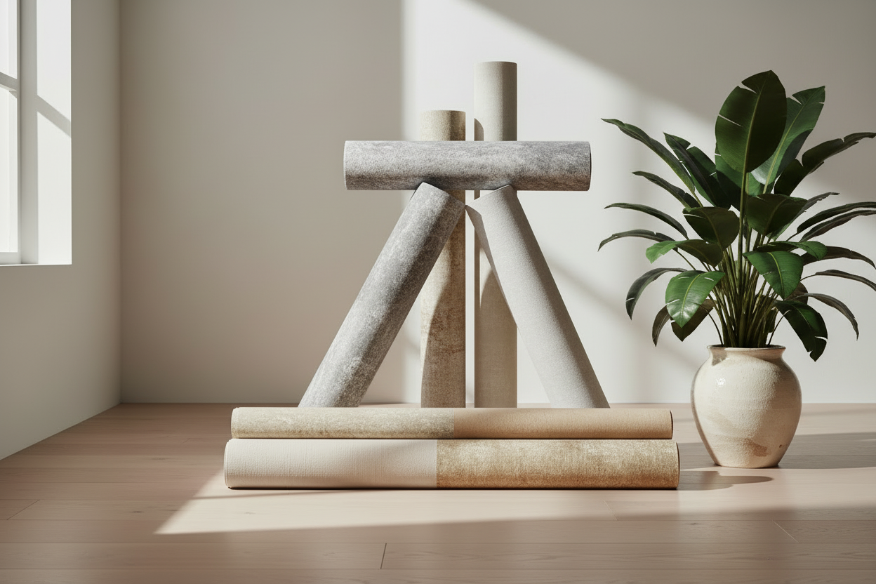 change the image so that the rolls of paper piled on angle, with rolls stood up behind the main pile, while one role as a grey slate effect print. with a large tropical plant place in a large ceramic vessel, placed next to the rolls of paper 
